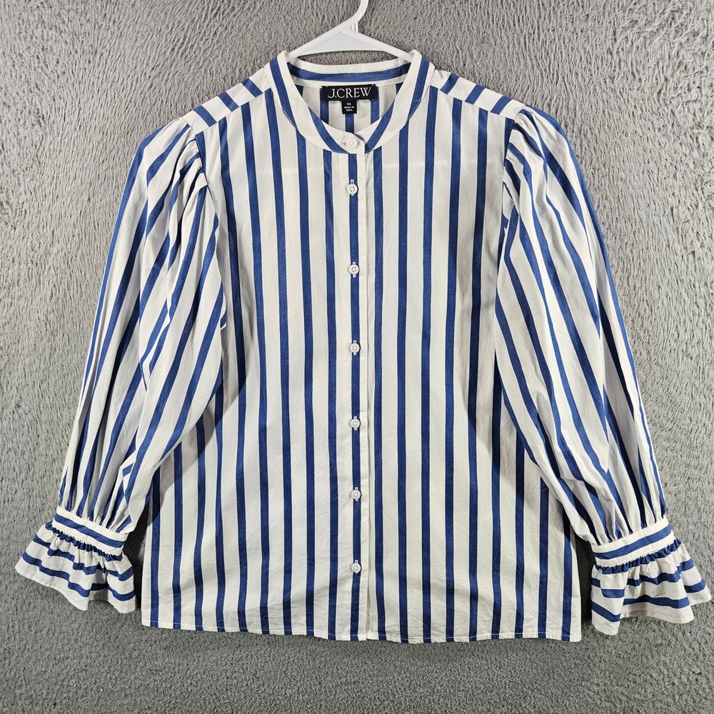 J.Crew Womens XS Blue White Striped Band Collar Puff Sleeve Ruffle Cuff Blouse